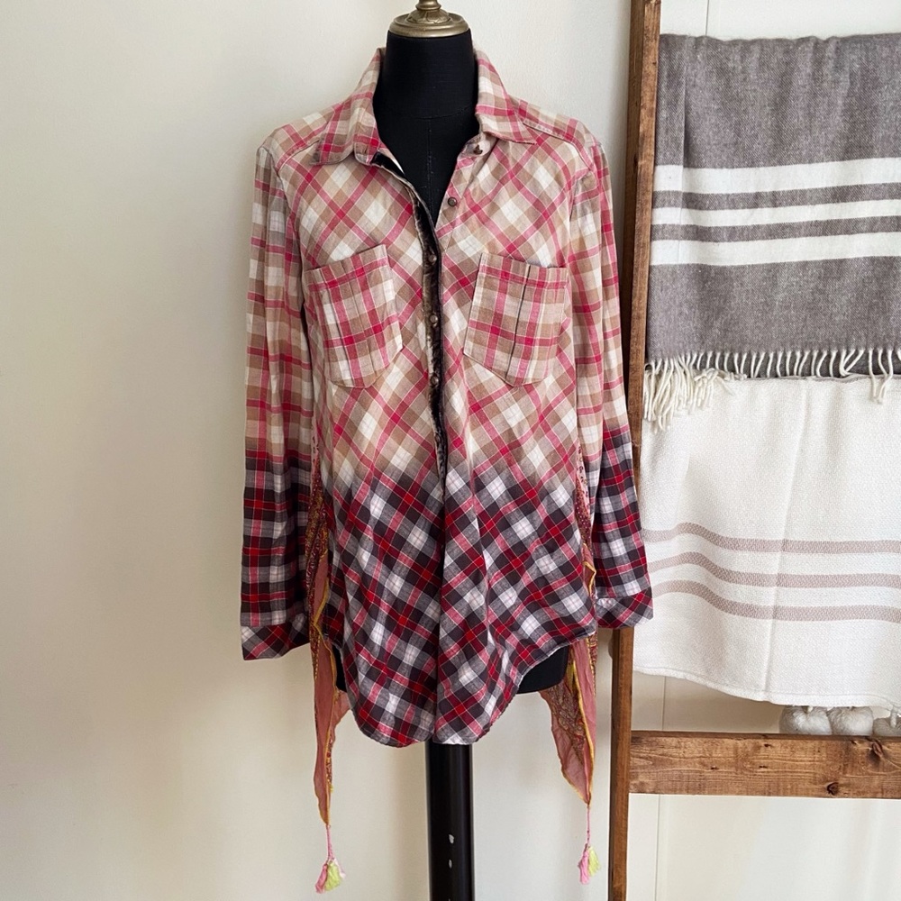 Aratta Silent Journey Top Blouse Button Down Plaid Mandala Long Sleeve Medium